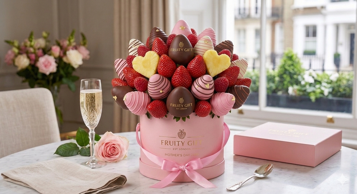 "A luxury Mother's Day gift arrangement from Fruity Gift London featuring a 'Pink Fusion' edible bouquet. The bouquet, presented in a signature pink hat box with a silk ribbon, consists of fresh red strawberries, pineapple hearts, and strawberries dipped in pink and dark chocolate with gold leaf accents. The setting is an elegant, sunlit room with a marble table, a glass of champagne, and a pink rose, reflecting Fruity Gift’s premium gifting style."